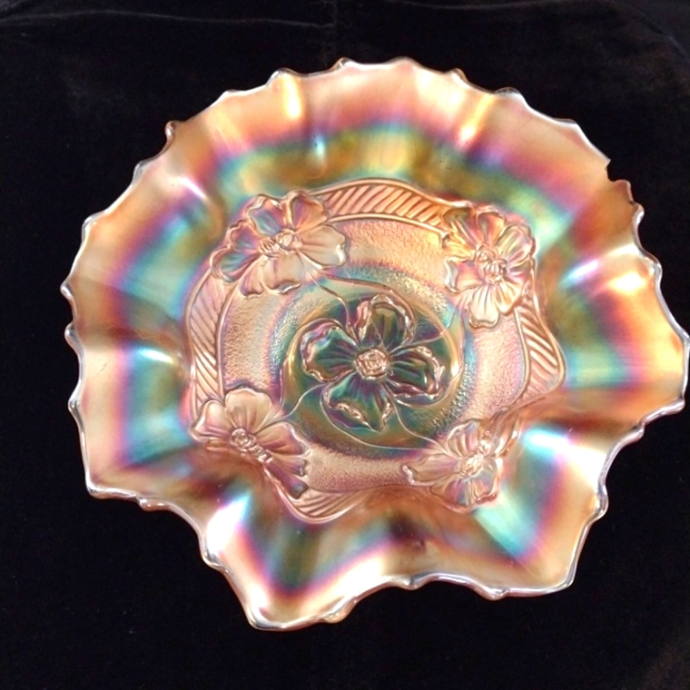 Carnival Fluted Candy dish iridescent Marigold flowers Amber colored